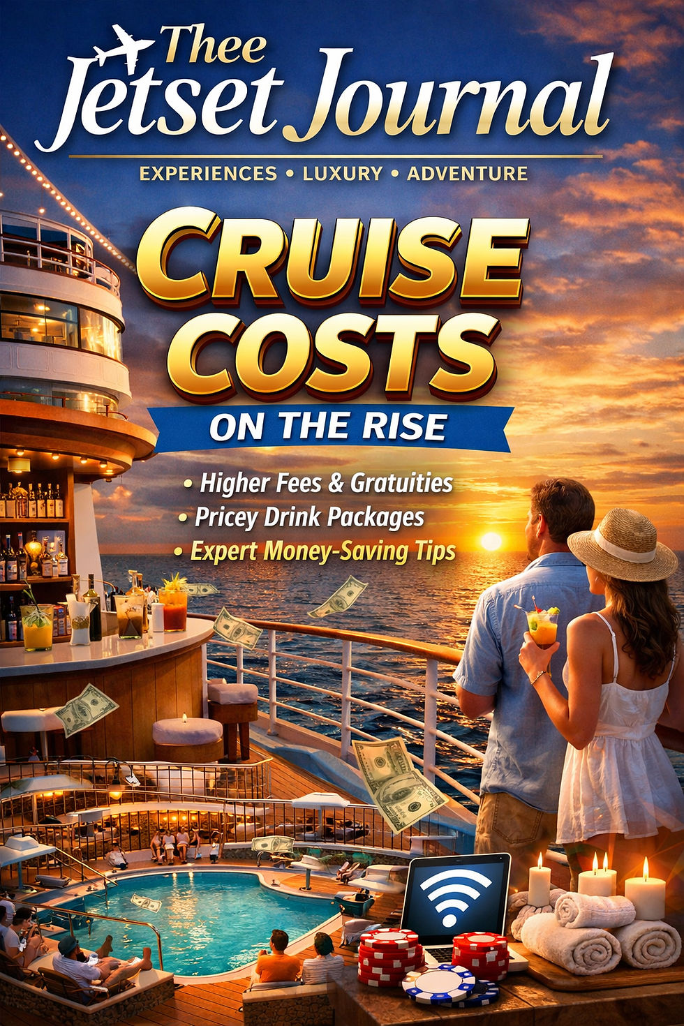 A digital magazine cover for Thee Jetset Journal titled “Cruise Costs on the Rise,” featuring an upscale cruise ship at sunset with passengers enjoying a deck bar and ocean view. The design includes luxury gold and white typography, imagery of onboard amenities, and visual cues about rising cruise expenses and travel tips.