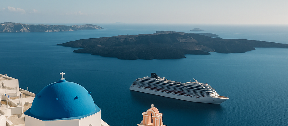 A high-resolution image of Santorini, Greece, featuring iconic whitewashed buildings with blue domes overlooking the Aegean Sea. A large cruise ship is docked below near the caldera, with a bold headline that reads “GREECE PAUSES PLANNED CRUISE TAX” across the sky.