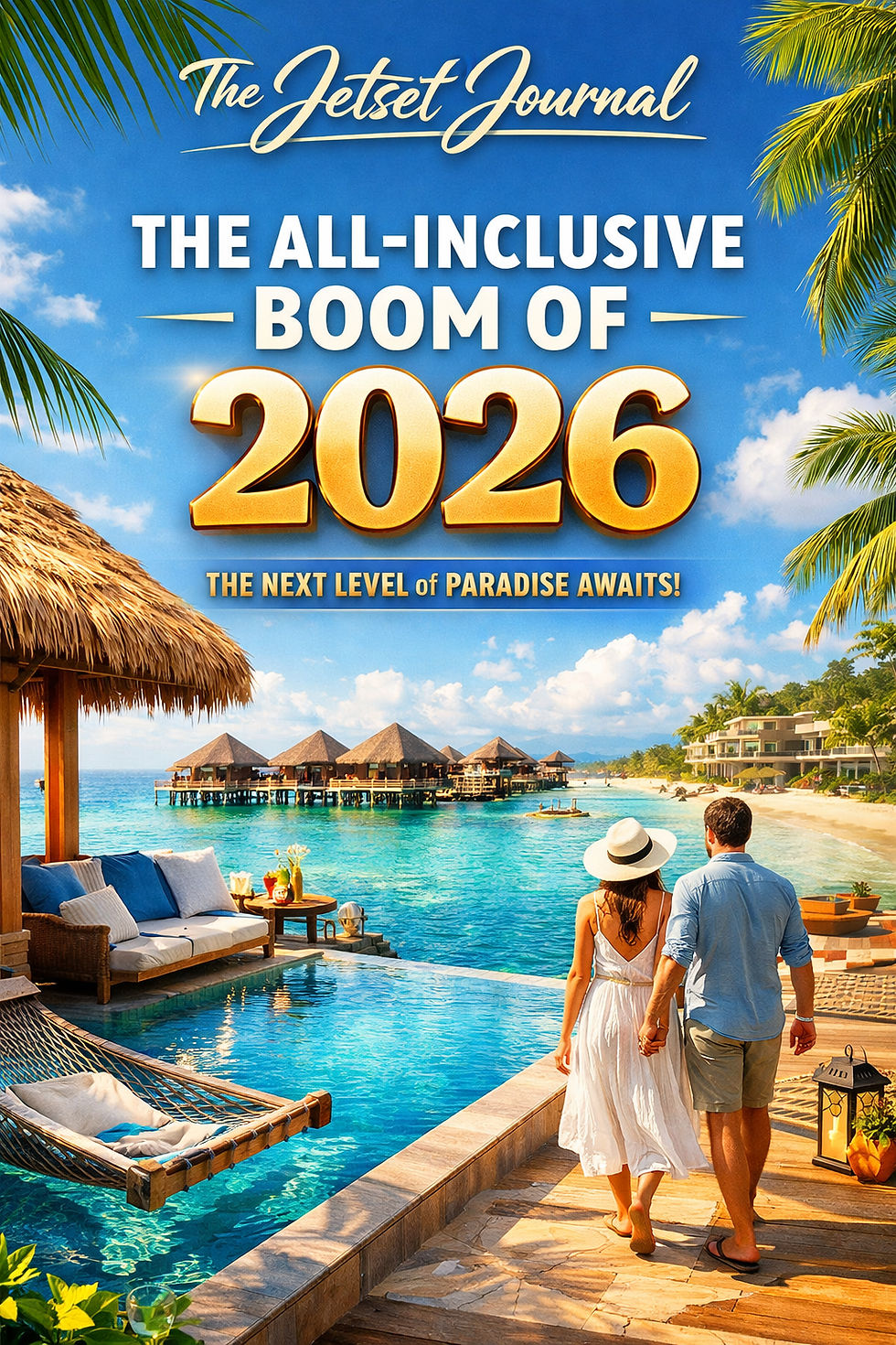 Jetset Journal cover featuring a luxury all-inclusive beachfront resort with an infinity pool, overwater bungalows, palm trees, and a couple walking beside the pool under a bright blue sky, highlighting the headline “The All-Inclusive Boom of 2026.”
