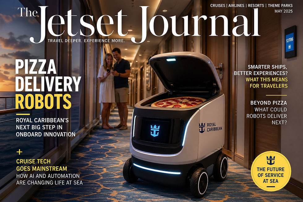 Magazine-style cover titled “Thee Jetset Journal” featuring a sleek delivery robot carrying a pizza through a modern cruise ship hallway, with ocean views at sunset in the background and bold headlines about cruise tech and onboard innovation.