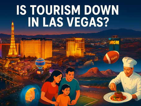 A vibrant digital illustration of the Las Vegas Strip at twilight, glowing with neon lights and iconic landmarks like the Paris Eiffel Tower replica and MGM Grand. In the foreground, a smiling family enjoys the city, a chef prepares a gourmet dish, and a football hovers above a stadium, symbolizing sports tourism. Red Rock Canyon rises in the background, blending natural beauty with the city’s entertainment appeal.