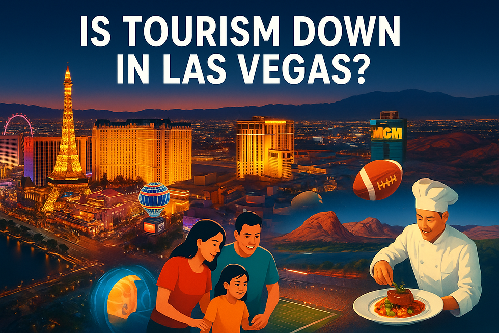 A vibrant digital illustration of the Las Vegas Strip at twilight, glowing with neon lights and iconic landmarks like the Paris Eiffel Tower replica and MGM Grand. In the foreground, a smiling family enjoys the city, a chef prepares a gourmet dish, and a football hovers above a stadium, symbolizing sports tourism. Red Rock Canyon rises in the background, blending natural beauty with the city’s entertainment appeal.