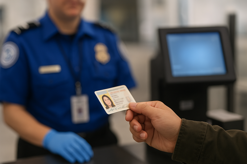 Close-up of a traveler presenting identification at a TSA checkpoint, with a blurred TSA agent and security scanning equipment in the background. Emphasis on the ID document and the screening process.