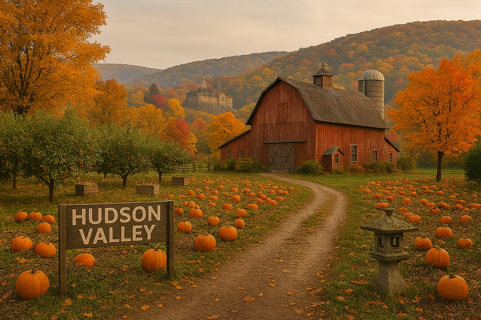 Autumn scene in Hudson Valley, New York, with a rustic red barn and silo beside an apple orchard and pumpkin patch, set against rolling hills covered in vibrant red, orange, and yellow fall foliage under a warm, golden sky.