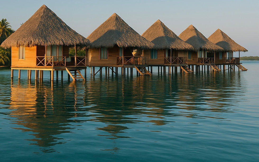 A row of six overwater bungalows with thatched roofs on stilts above calm, turquoise water. Each bungalow has a wooden deck and steps leading into the water. Palm trees and greenery are visible in the background under a clear blue sky.