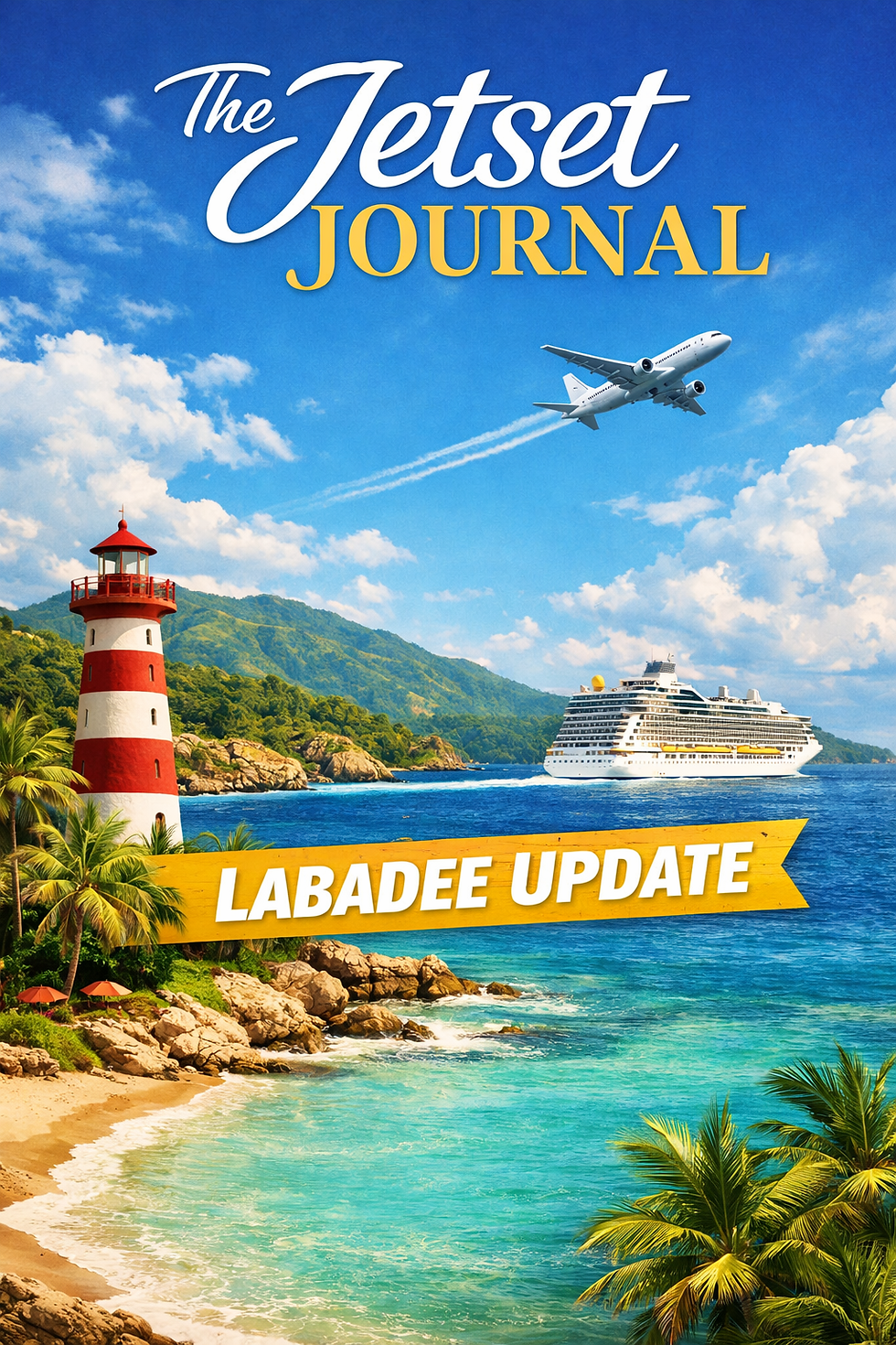 A Jetset Journal–style digital magazine cover featuring a tropical Caribbean scene with a Royal Caribbean cruise ship sailing toward a bright horizon, a red-and-white lighthouse, palm trees, and an airplane overhead, with bold headline text reading “Labadee Update.”