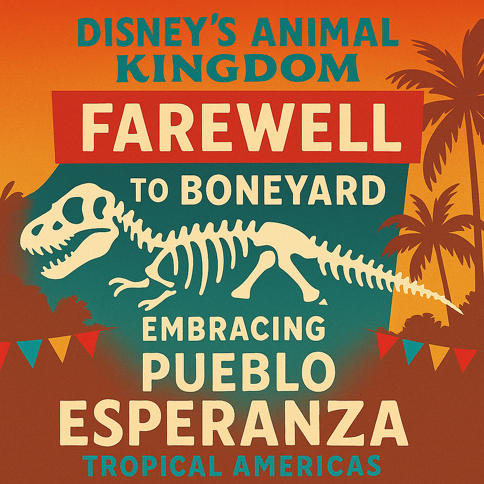 A promotional digital illustration announces the transformation of Disney’s Animal Kingdom from DinoLand to Pueblo Esperanza: Tropical Americas. The design features a stylized dinosaur skeleton, festive banner flags, and bold sunset colors, set against tropical trees and vibrant typography.