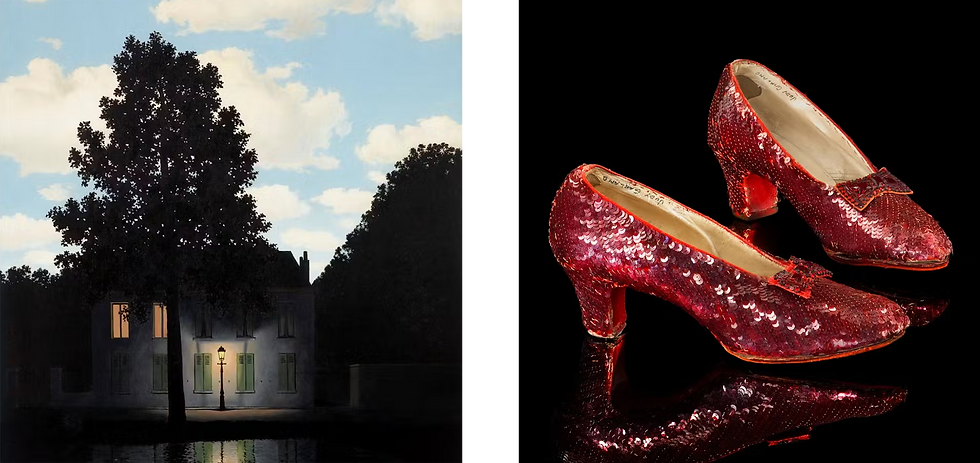 Left: René Magritte (1898-1967), L'empire des lumières, 1954, signed, titled, and dated, oil on canvas, 146 x 114 cm. Photo © Christie's (detail) | Right: The Ruby Slippers worn on screen by Judy Garland as “Dorothy Gale” from “The Wizard of Oz”. Photo © Heritage Auctions