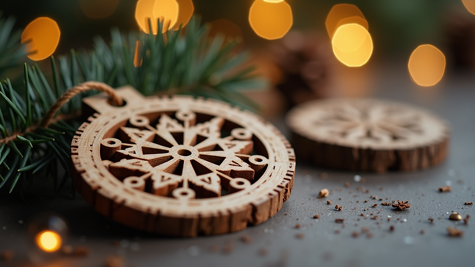 Close-up view of a handmade wooden Christmas ornament with intricate designs