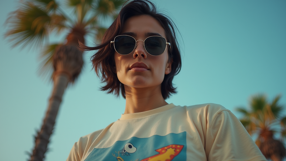 Eye-level view of a person wearing a custom t-shirt with a unique design