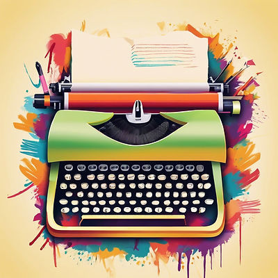 Create an abstract background that fuses writing tools (pens, typewriters) with colorful b