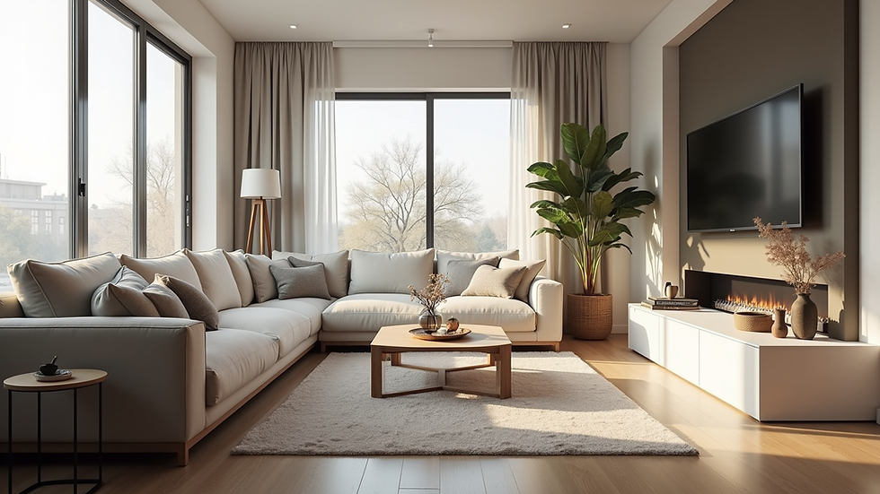 Eye-level view of a modern living room with natural light