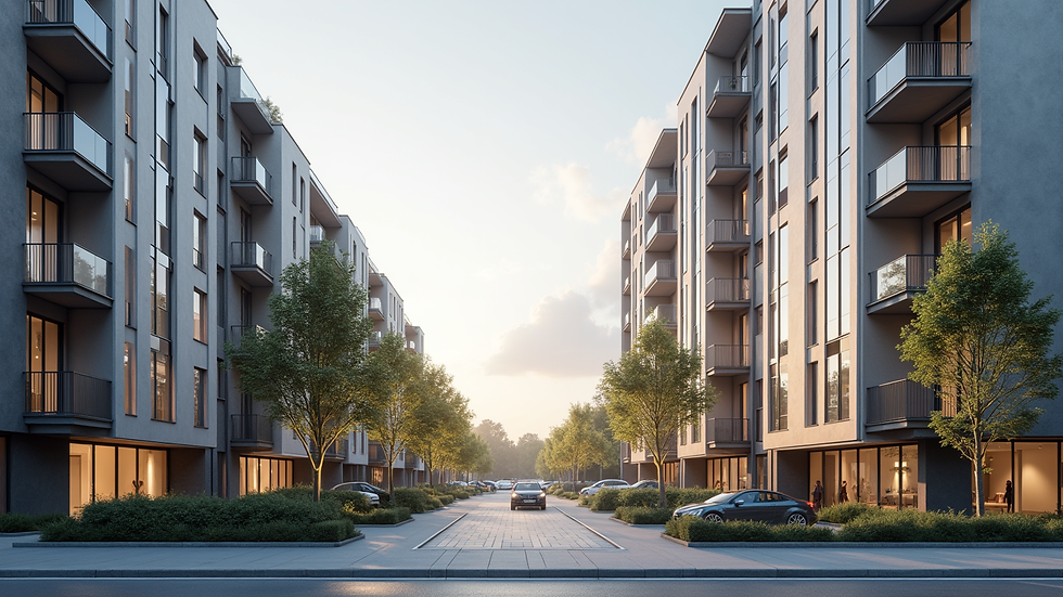 Eye-level view of a modern UK residential building rendered in 3D