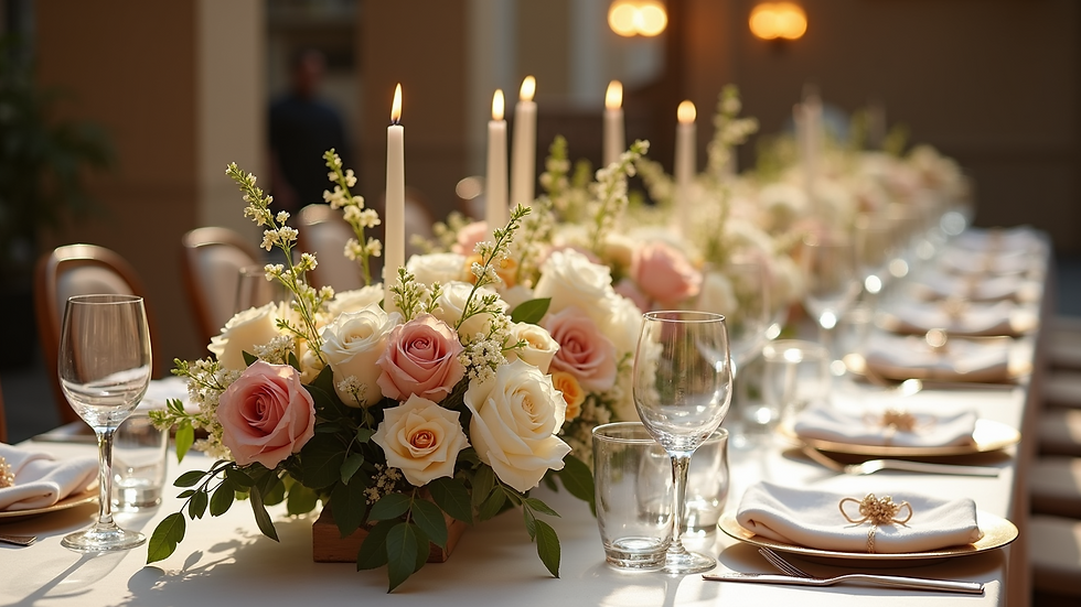 Close-up view of elegant floral arrangement on event table