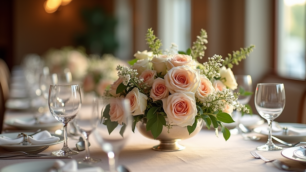 Close-up view of elegant floral centerpiece on event table