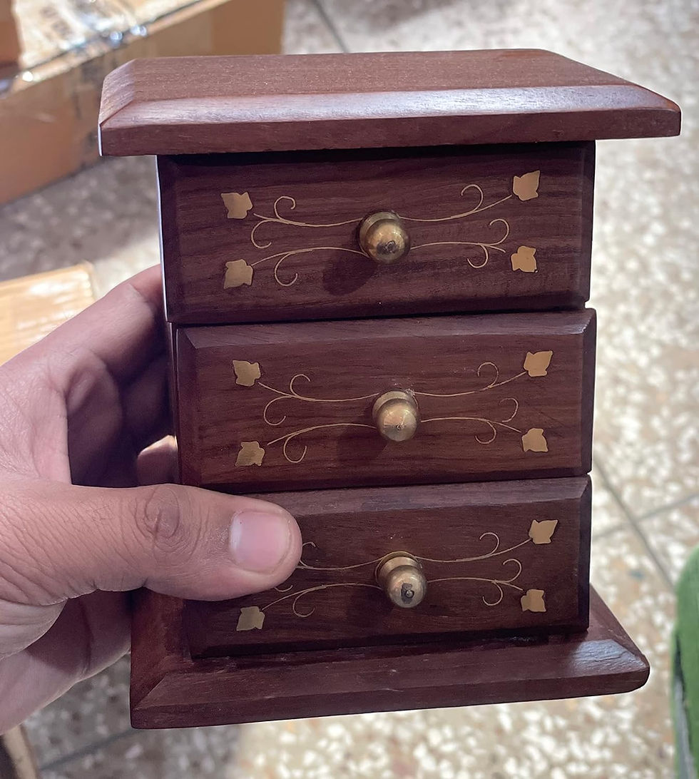 Thumbnail: Wooden 3 Drawer Small Jewellery Box/Desk Organiser Brass Work- LxBxH- 4.6x3x6 in