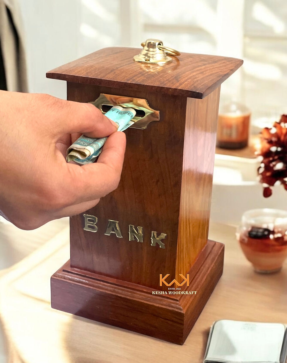 Thumbnail: Sheesham Wood Money Bank for kids & Adults- 8x5 inch Pillar design- Rectangle