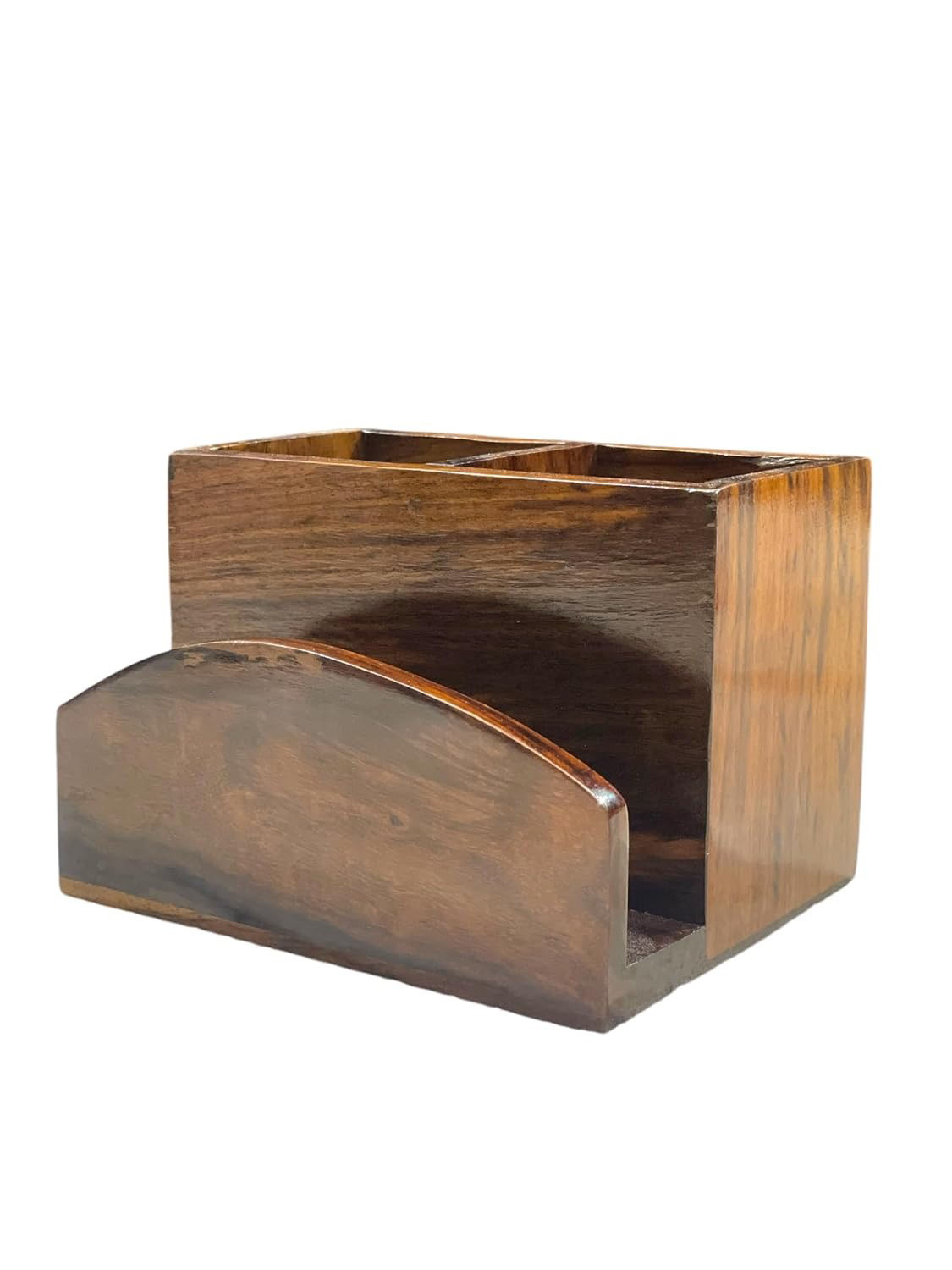 Sheesham Wood Curve Shape Cutlery Holder with Tissue Holder Section- 3 Sections