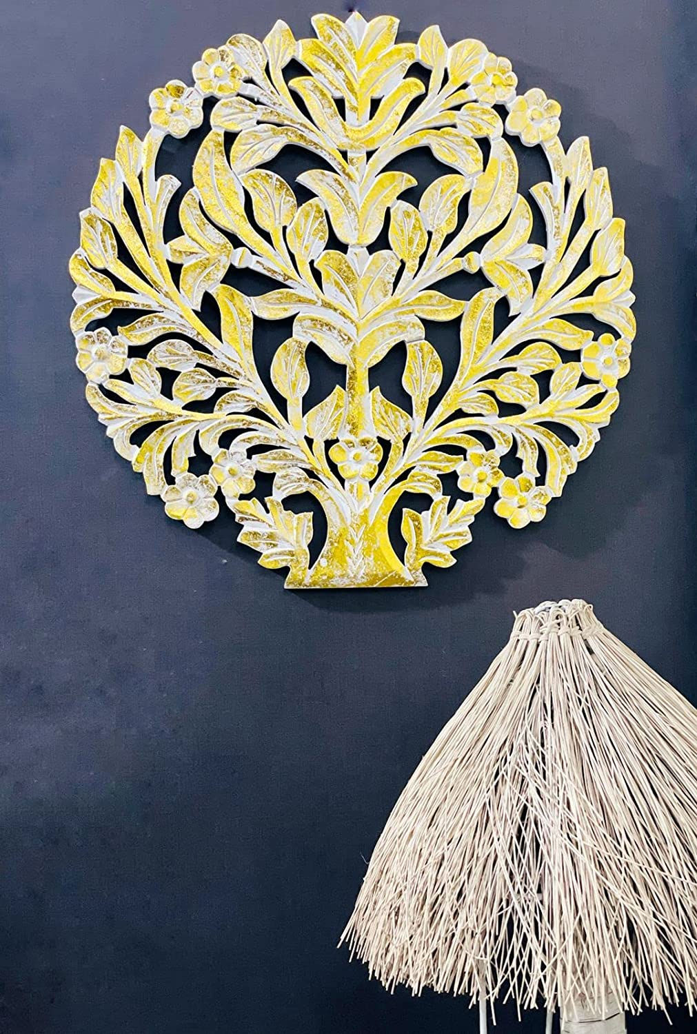 Wall Hanging Tree Round Wall Art Wooden Wall Panel Distressed White-Gold 24inch