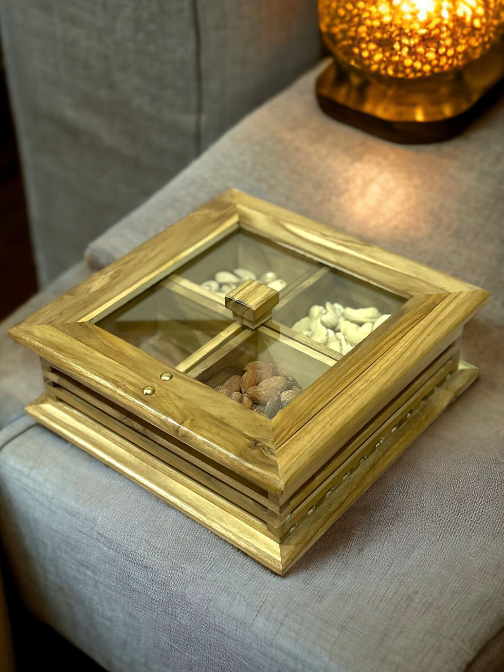Thumbnail: Teakwood Dry Fruit Box | 4 Partition | Handmade| Glass Lid| Size- 8.5 x 4 inches
