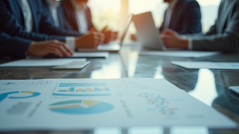 Close-up view of a business meeting with charts and laptops on the table