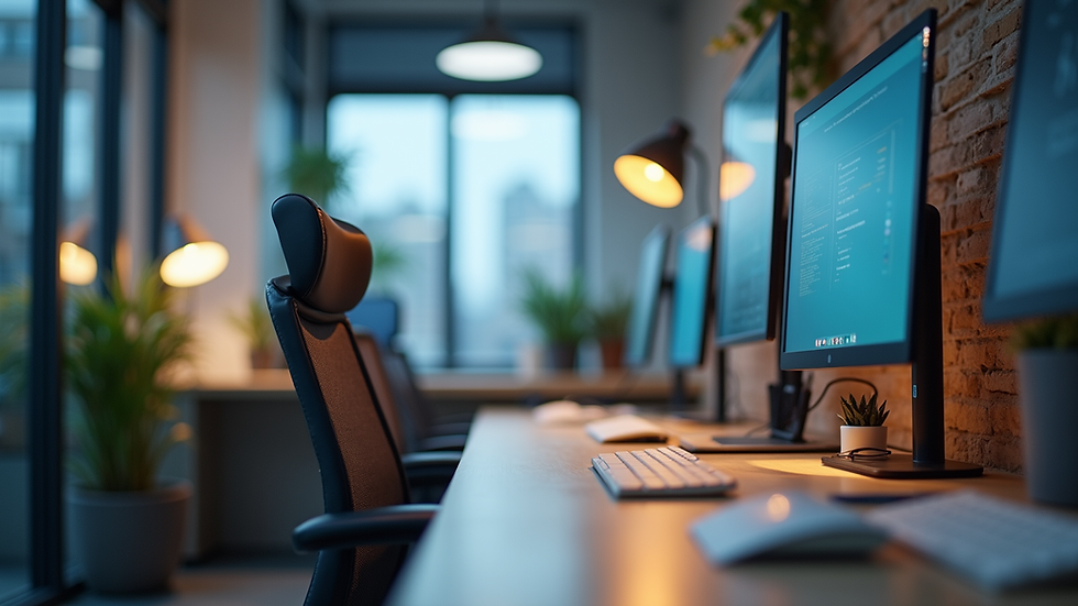 Eye-level view of a modern office workspace with digital devices