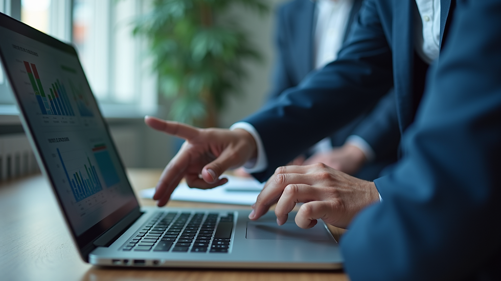 Close-up view of a consultant explaining data charts on a laptop screen