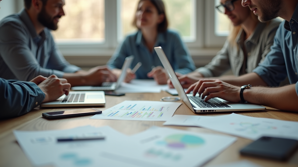 Close-up view of a digital marketing team brainstorming with laptops and notes