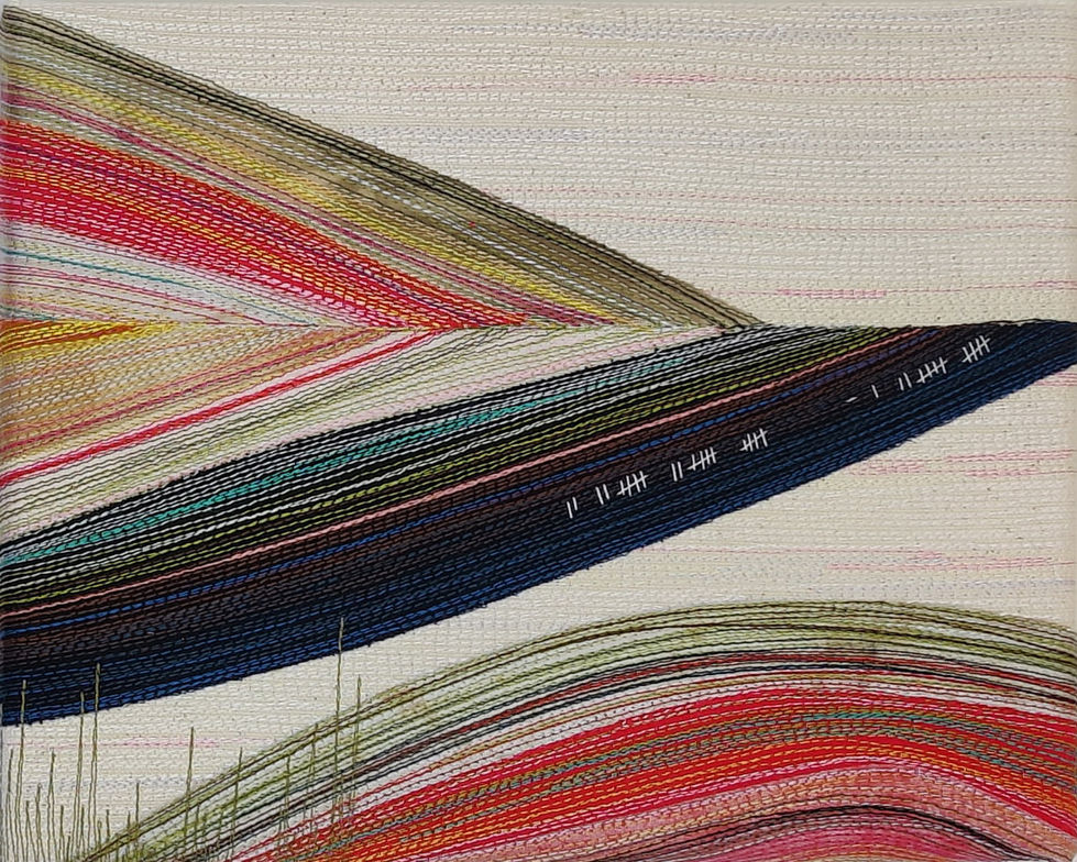 Contours of Lake Ferry - stitched fibre collage by C. Lile, 2025
