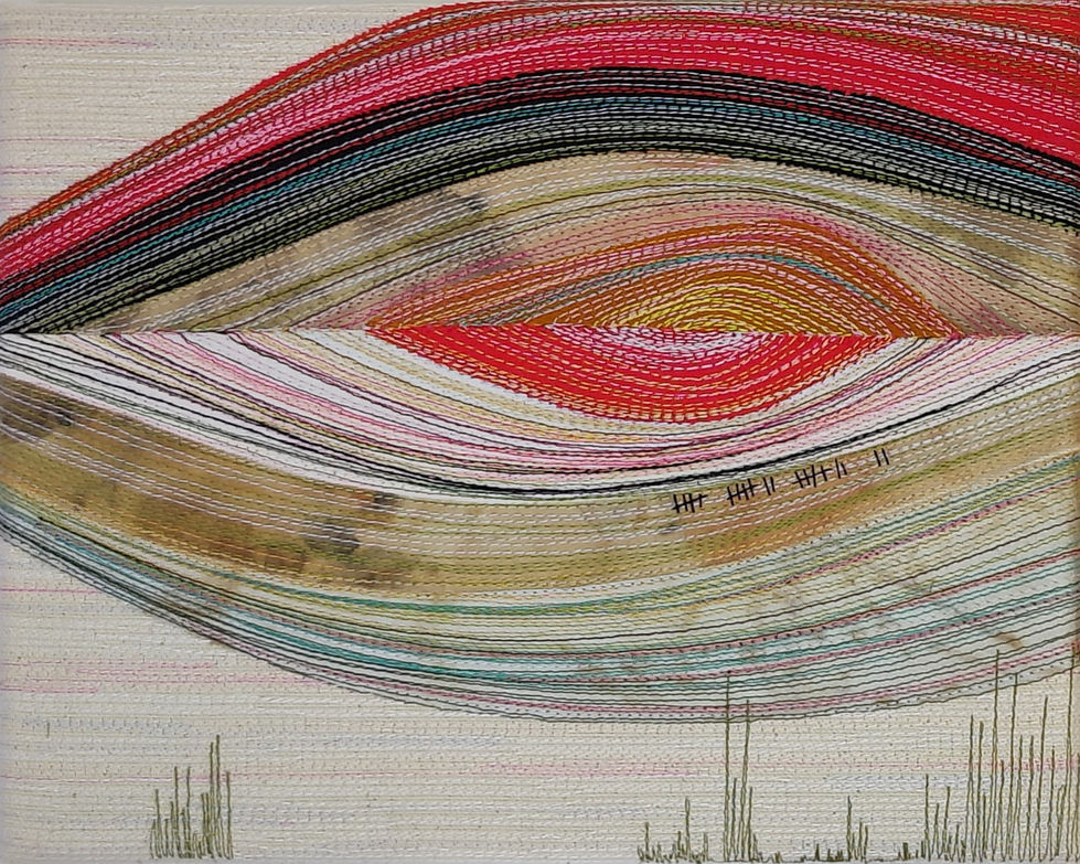 Contours of Lake Ferry - stitched fibre collage by C. Lile, 2025