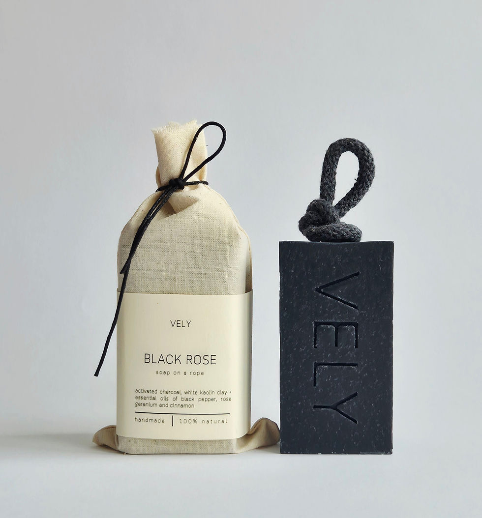 soap on a rope black rose with activated charcoal in cotton bag