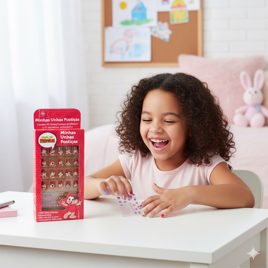 Unhas Postiças Infantis Autoadesivas Turma Da Mônica Vermelha