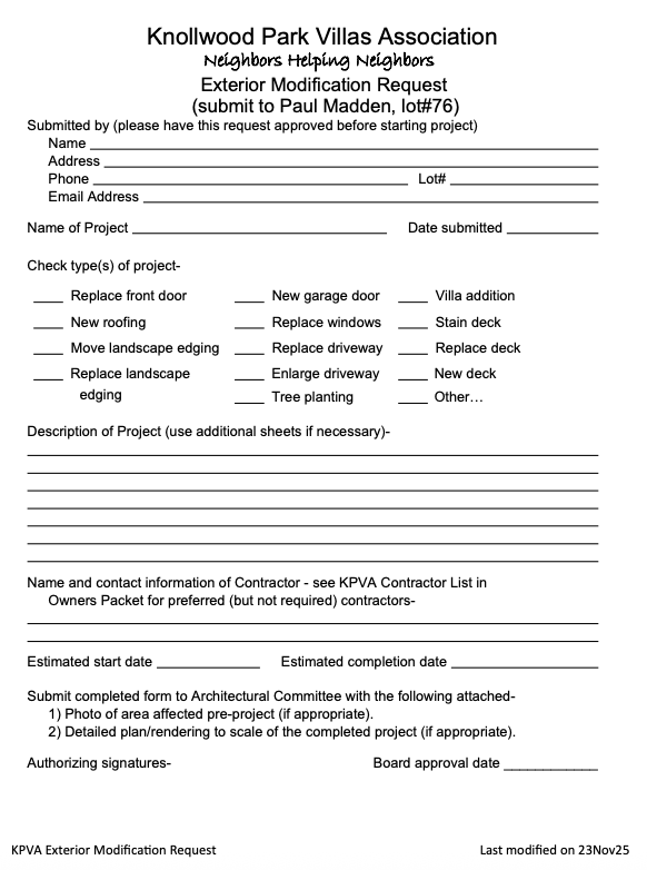 Exterior Modification Form