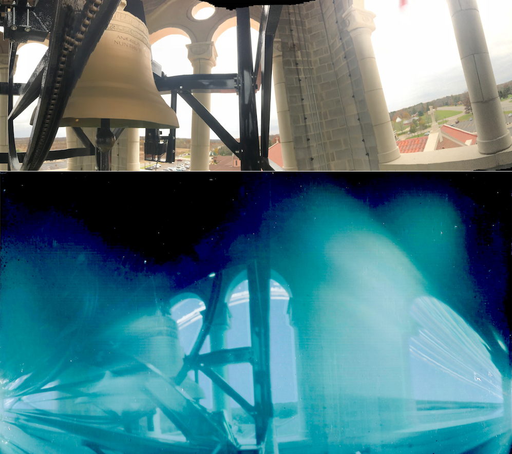 Panorama of SPX bell tower, above, with solargraph of comparable perspective, below.