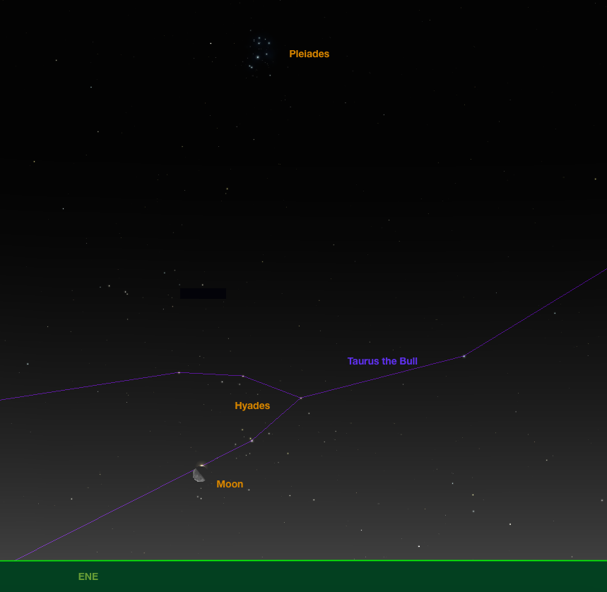 Aldebaran reappears from behind the moon. Pleiades are above the "V" of Hyades.