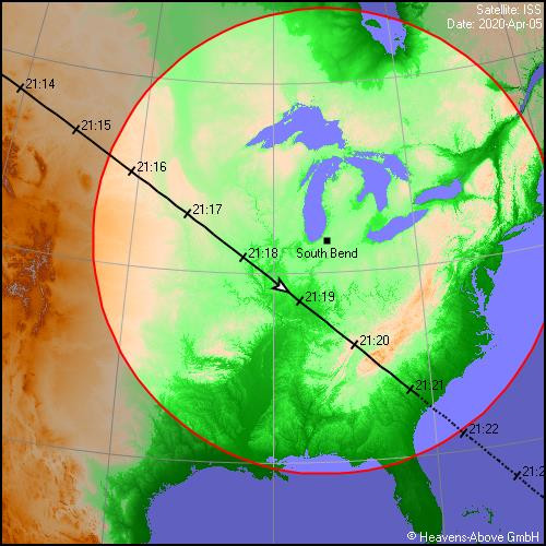 Ground track of ISS flyby March 2020; image courtesy of Chris Peat & Heavens-Above.com