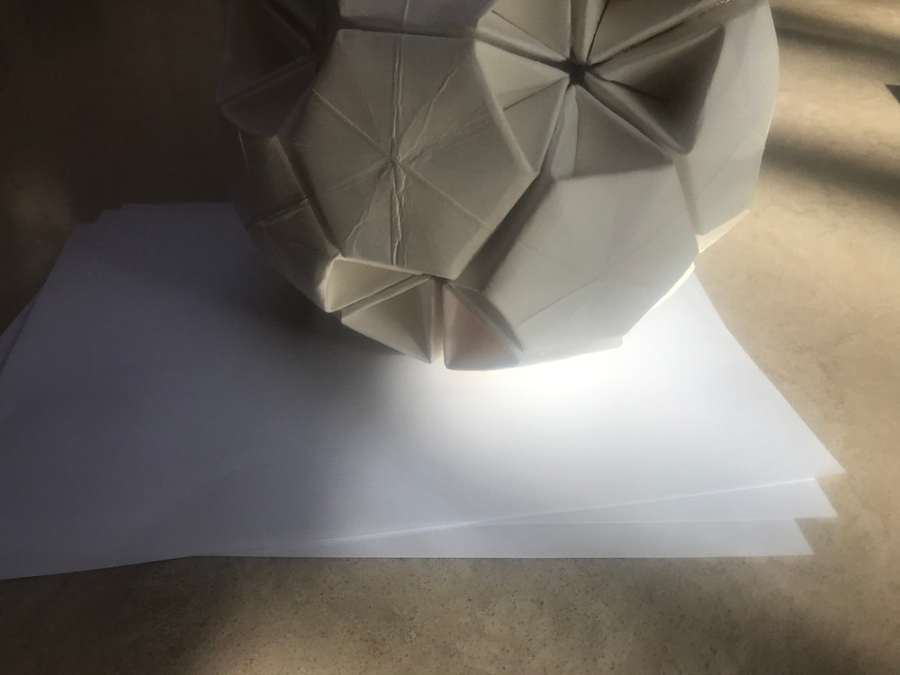 Model of earth with three sheets of paper for atmosphere to scale.