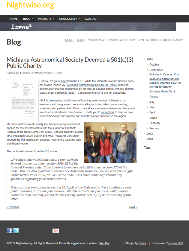 Nightwise.org : Michiana Astronomical Society Deemed a 501(c)(3) Public Charity.
