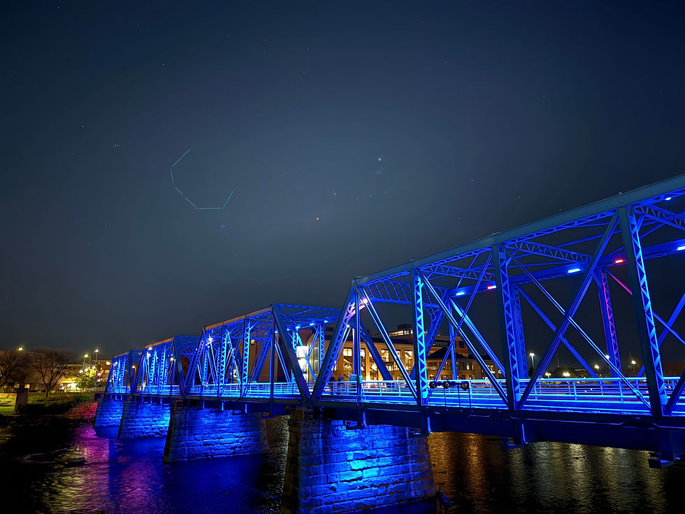 Corona Borealis (outlined) above the Blue Bridge in Grand Rapids, MI; Oct. 22, 2026, at 9:00 p.m.