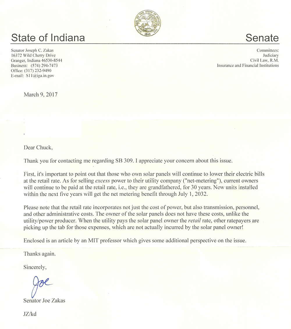 Sen. Joe Zakas letter supporting SB309
