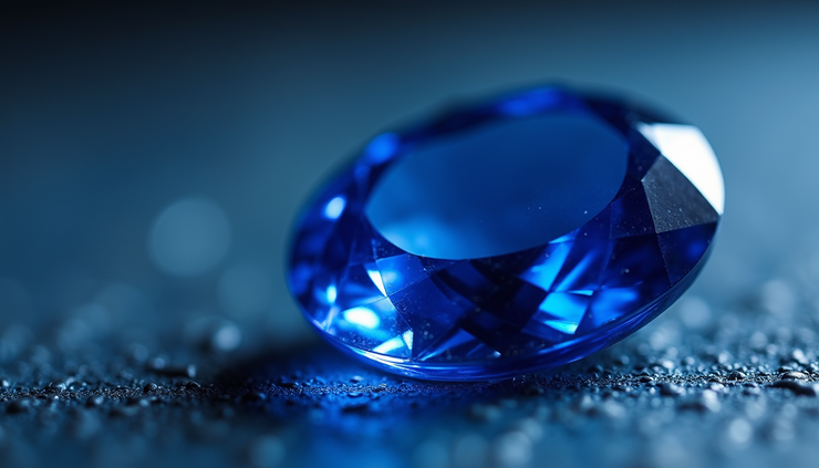 Close-up view of a polished Blue Sapphire gemstone with deep blue color