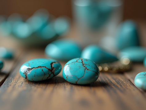 Turquoise jewelry displayed on a wooden surface, viewed at eye level.