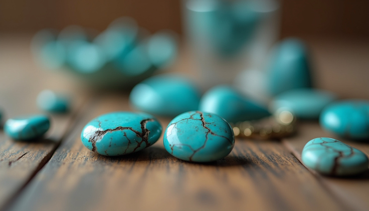 Eye-level view of turquoise jewelry pieces displayed on a wooden surface
