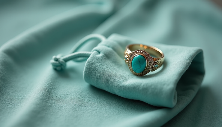 High angle view of turquoise ring placed on a soft fabric pouch
