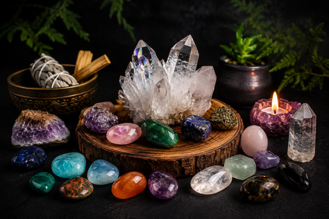 Natural healing crystal setup with clear quartz cluster, colorful gemstones, candle and sage on dark background, spiritual energy and meditation concept
