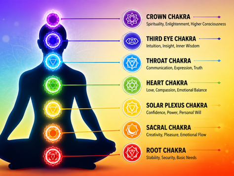 Colorful chakra meditation illustration showing the seven chakras aligned in the human body during meditation, including Crown Chakra, Third Eye Chakra, Throat Chakra, Heart Chakra, Solar Plexus Chakra, Sacral Chakra, and Root Chakra. Spiritual healing and chakra balancing concept representing energy flow, inner peace, mindfulness, emotional balance, and holistic wellness through meditation and gemstone healing.