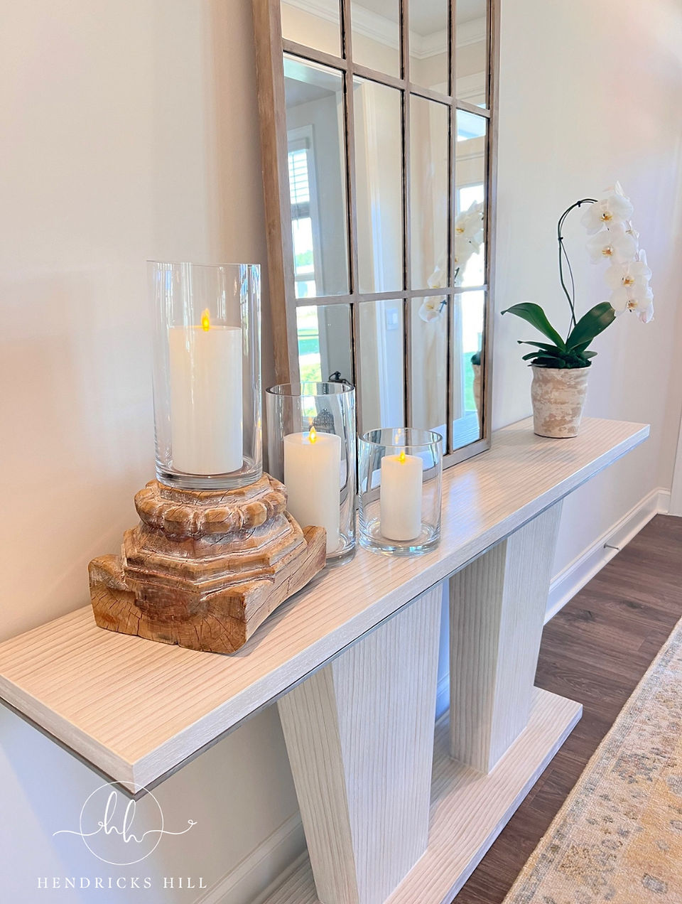 Home Entry Way modern console table styled with French Country accents. 
