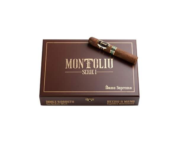 Caja cerrada de puros Montoliu Ébano Supremo, Doble Robusto San Andrés de lujo | Closed box of Montoliu Ébano Supremo cigars,