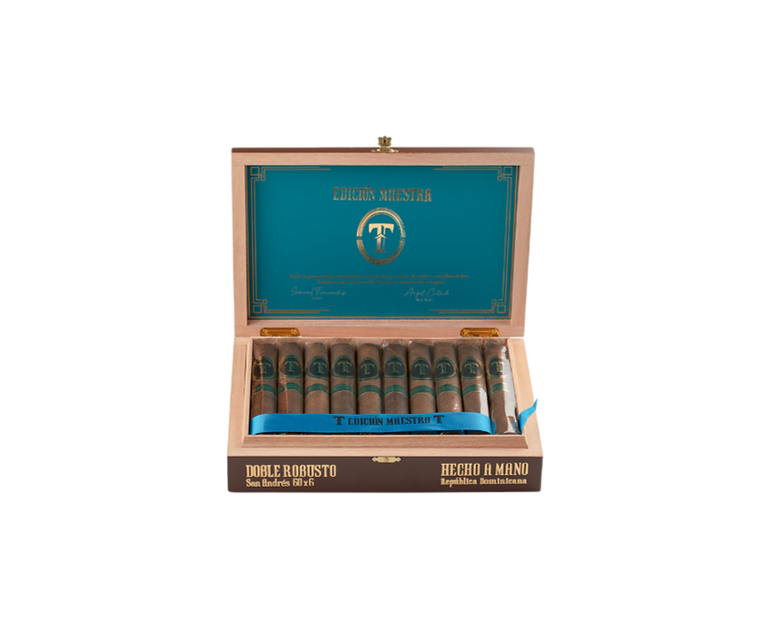 Caja abierta con puros Montoliu Ébano Supremo, mostrando su formato Doble Robusto artesanal | Open box of Montoliu Ébano Supr