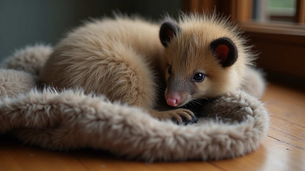 Close-up view of a cozy possum fur sweater on a wooden table